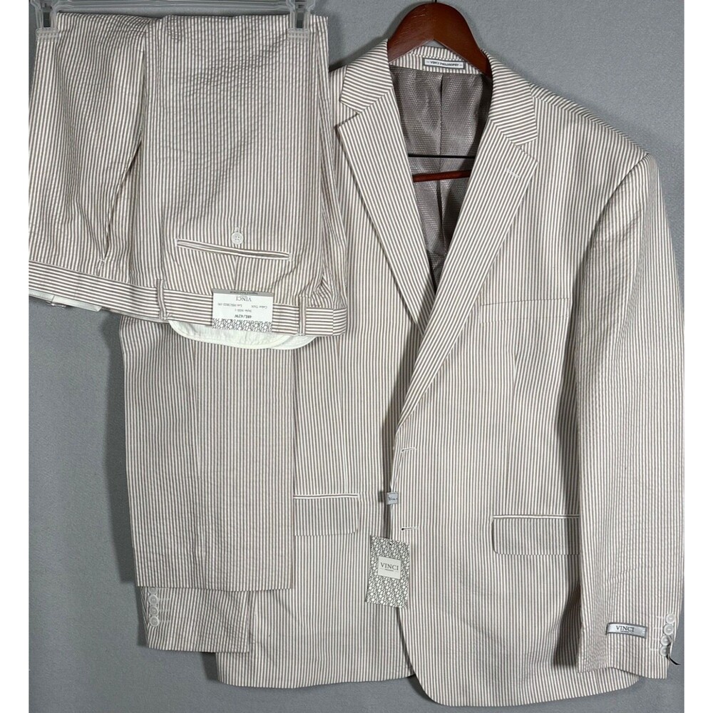 NWT Vinci Philosophy Seersucker Suit Mens 48L 2-Piece Tan Striped 42x32 Pants